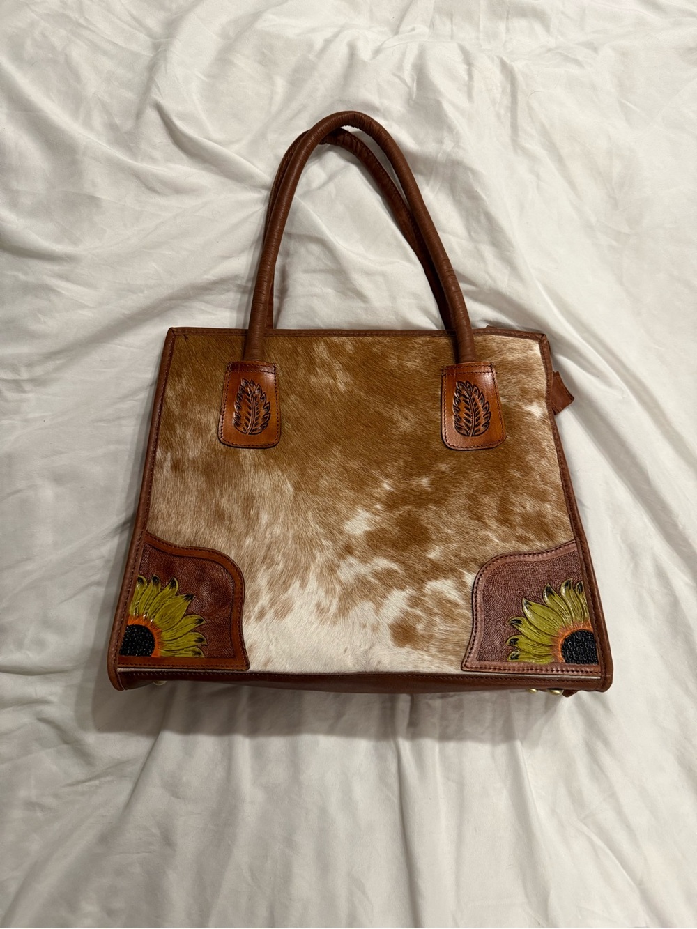 Brown Leather Calf Hair Tote with Sunflower Corner Accents